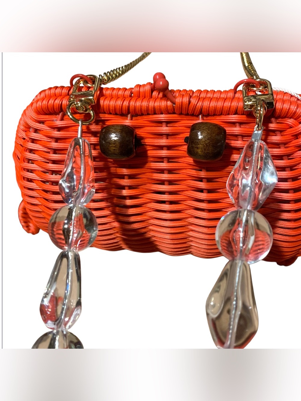 Tommy Bahama Red Crab Woven Straw Wicker Bag Gold Chain Crossbody & Clear Beads - Picture 3 of 7